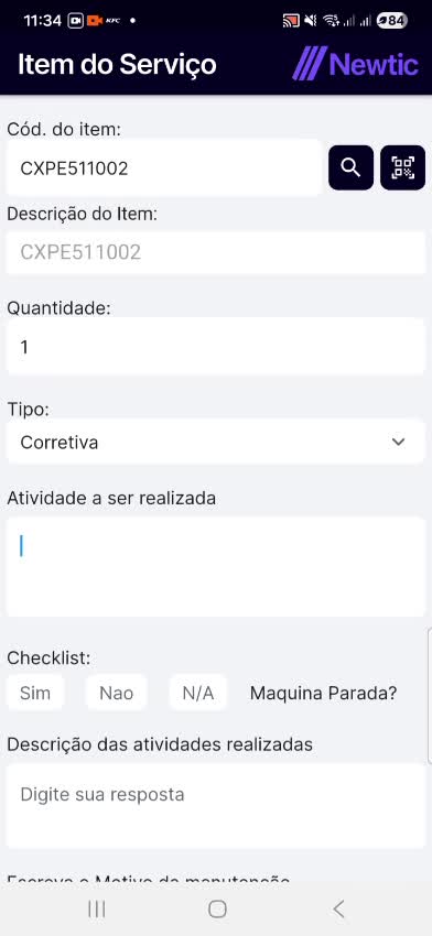 Tela real de item do serviço com código, quantidade, tipo de manutenção e checklist