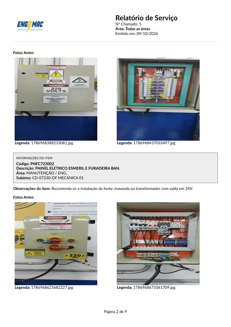 Exemplo de relatório de serviço com fotos e dados de equipamentos